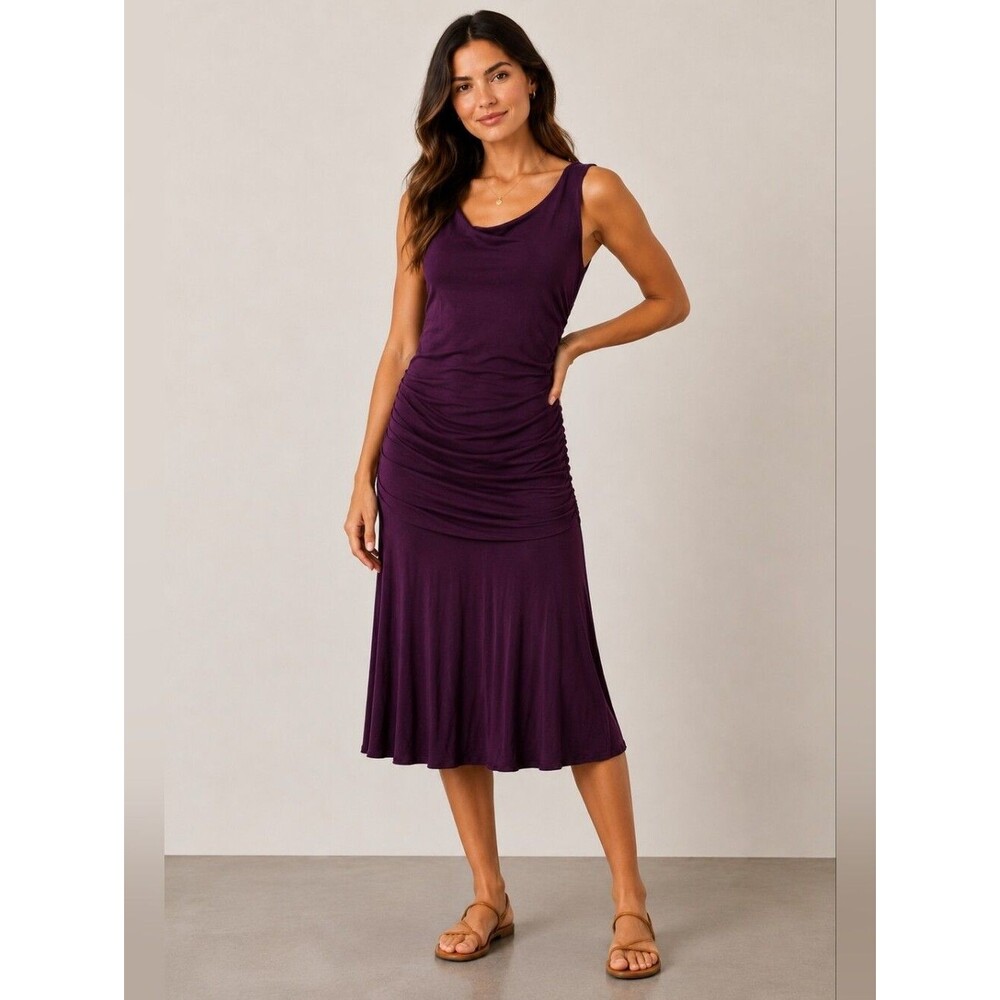 Velvet Purple Soft gathered Sleeveless Summer Maxi Flowy Round Neck Dress M Boho